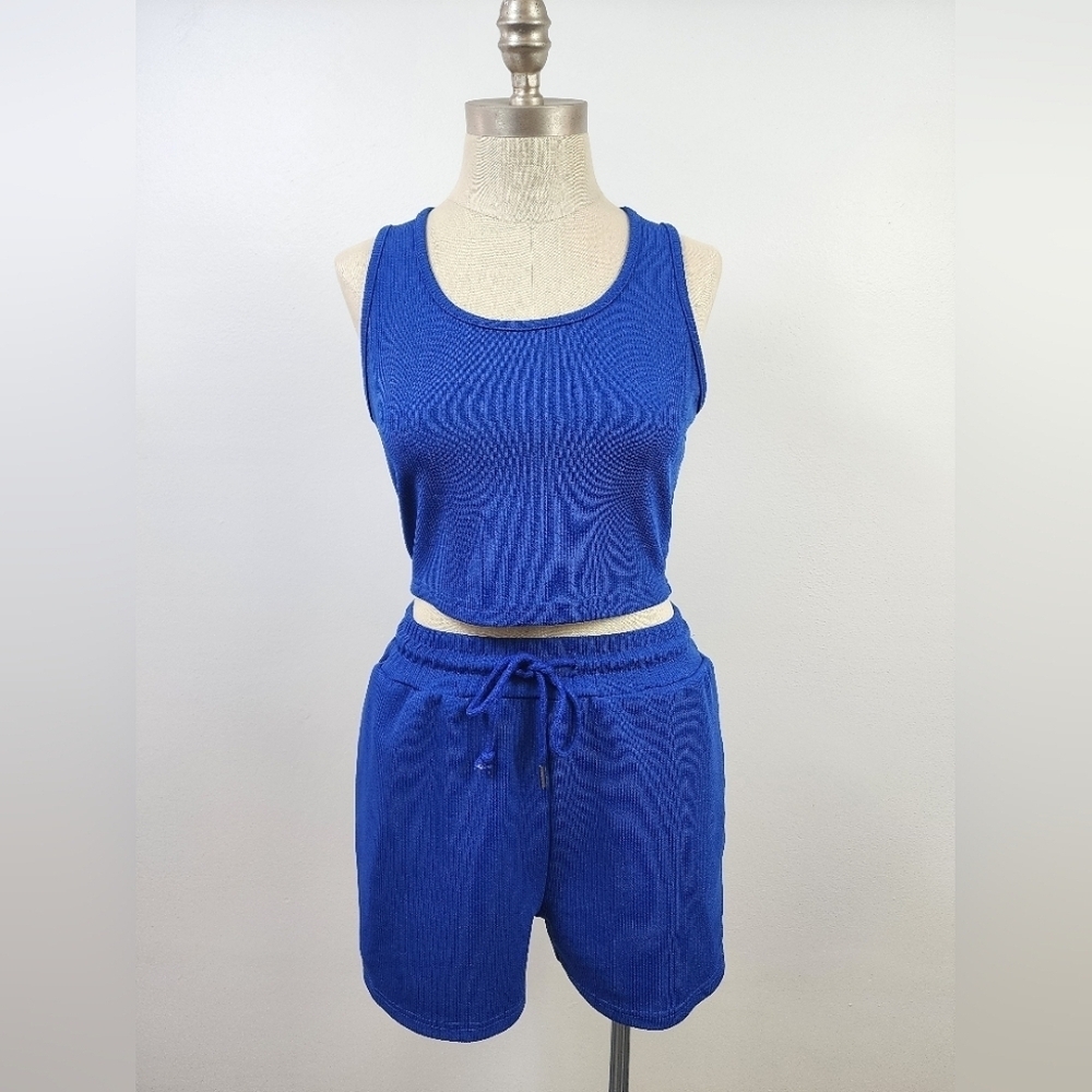 SHEIN Blue Textured Knit Tank & Shorts Matching Lounge Set Size Medium